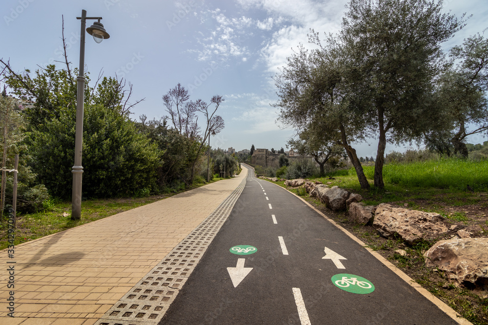 Empty bike and pedestrian paths, inside a location that is usually crowded,the Corona Crisis 30-03-2020 Park, Jerusalem, Israel.