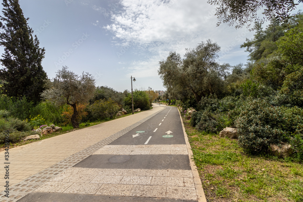 Empty bike and pedestrian paths, inside a location that is usually crowded,the Corona Crisis 30-03-2020 Park, Jerusalem, Israel.