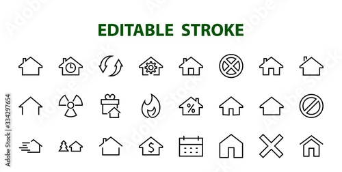 Simple set of line vector home icons. Contains house symbols at interest, infuse house and more. Editable stroke. 480x480 pixels perfect