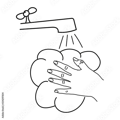 Hands being washed with soap and water from the tap. Vector illustration in black and white. Icon for websites and mobile applications.