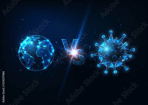 Futuristic planet earth Vs coronavirus fight concept with glowing low poly globe and virus cell.