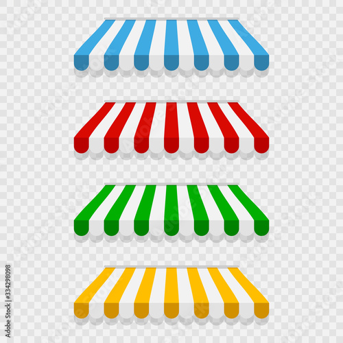 Shop sunshade. Realistic striped cafe awning. Outdoor market tent. Roof canopy. Summer street store. Vector illustration.