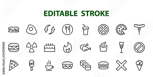   A simple set of fast food icons related to the vector line. Contains icons such as pizza, burger, sushi, bike, scrambled eggs and more. EDITABLE stroke. 480x480 pixels perfect, EPS 10