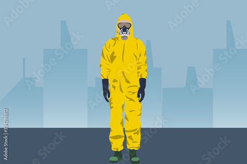 Illustration vector graphic of image man wearing hazmat suits isolated on empty city street background. Safety virus infection concept. Dangerous profession. Virus, infection, epidemic, quarantine