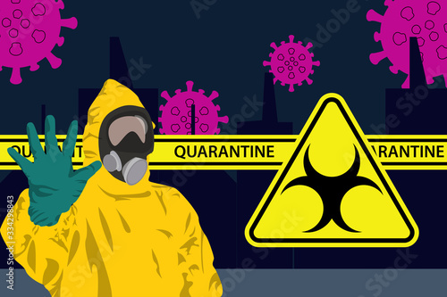 Illustration vector graphic of Man in protective yellow hazmat suit and protection masks to prevent epidemic MERS-CoV wuhan coronavirus 2019-nCoV pandemic with hand raised stop concept. vector EPS10.