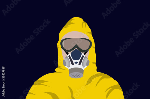 Illustration vector graphic of image man in protective hazmat suit isolated on dark blue background. Vector illustration of yellow hazmat. Safety virus infection concept. Vector illustration EPS10. photo