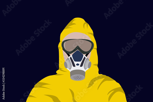 Illustration vector graphic of image man in protective hazmat suit isolated on dark blue background. Vector illustration of yellow hazmat. Safety virus infection concept. Vector illustration EPS10.