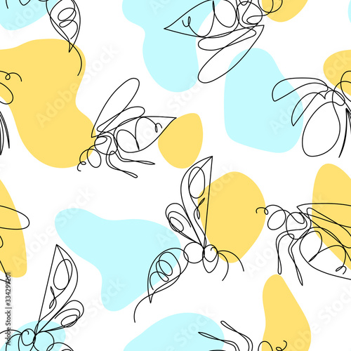 Insect. Elegant bee, bug, moth, butterfly. color seamless pattern on white and colored spots background. Line art sketch. Simple nice background. Hand drawn graphic print Animal nature set