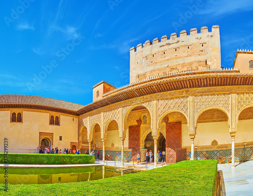 Panorama of Comares Palace and Tower from the Court of Myrtles, Nasrid Palace, Alhambra, Granada, Spain
