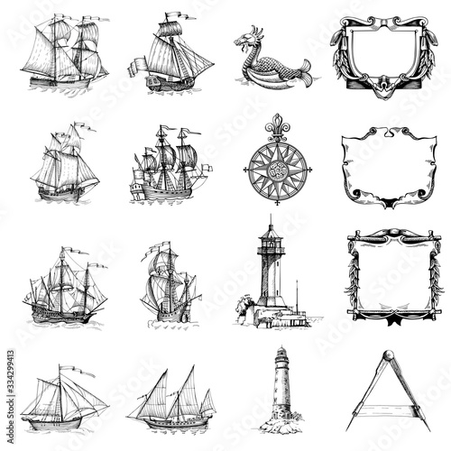 Set of decorative elements for the design of an old geographical map. Ancient caravel, sea monsters, lighthouse, compass-meter, wind rose, framework for inscriptions, cartouche.
