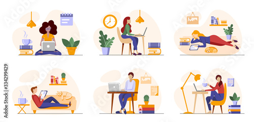 Working freelance, learning or studying at home. Freelancers or students working online in laptops, tablets in a cosy atmosphere with books, plants. Self-employed people work in convenient conditions