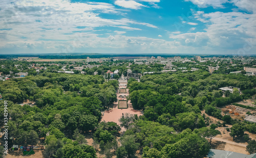 Aerial panorama of Tiraspol, viewed from the Pobeda park, with the long park avenue clearly seen leading into the city, capital of Transnistria.