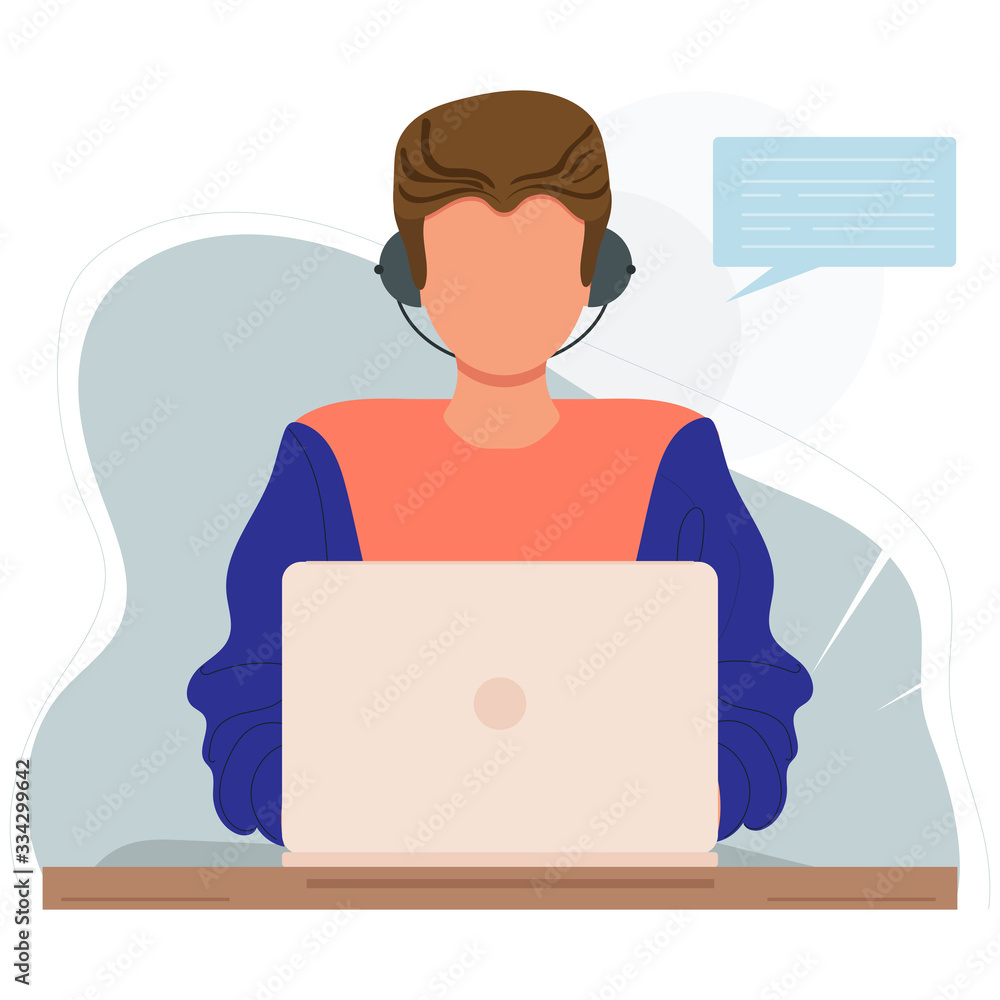 Man with headphones with computer. Concept illustration for support, assistance, call center. Vector stock illustration in flat style isolated on white background. Customer Service Icon or web