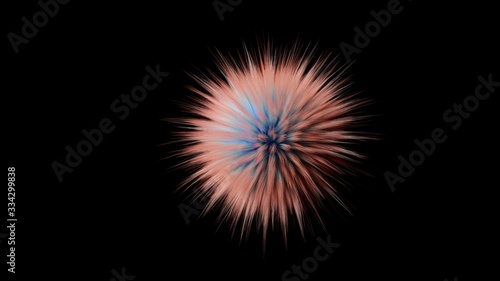 Bright highly detailed fluff of multi-colored fur blue and orange , abstract 3D render illustration. On a black isolate background.