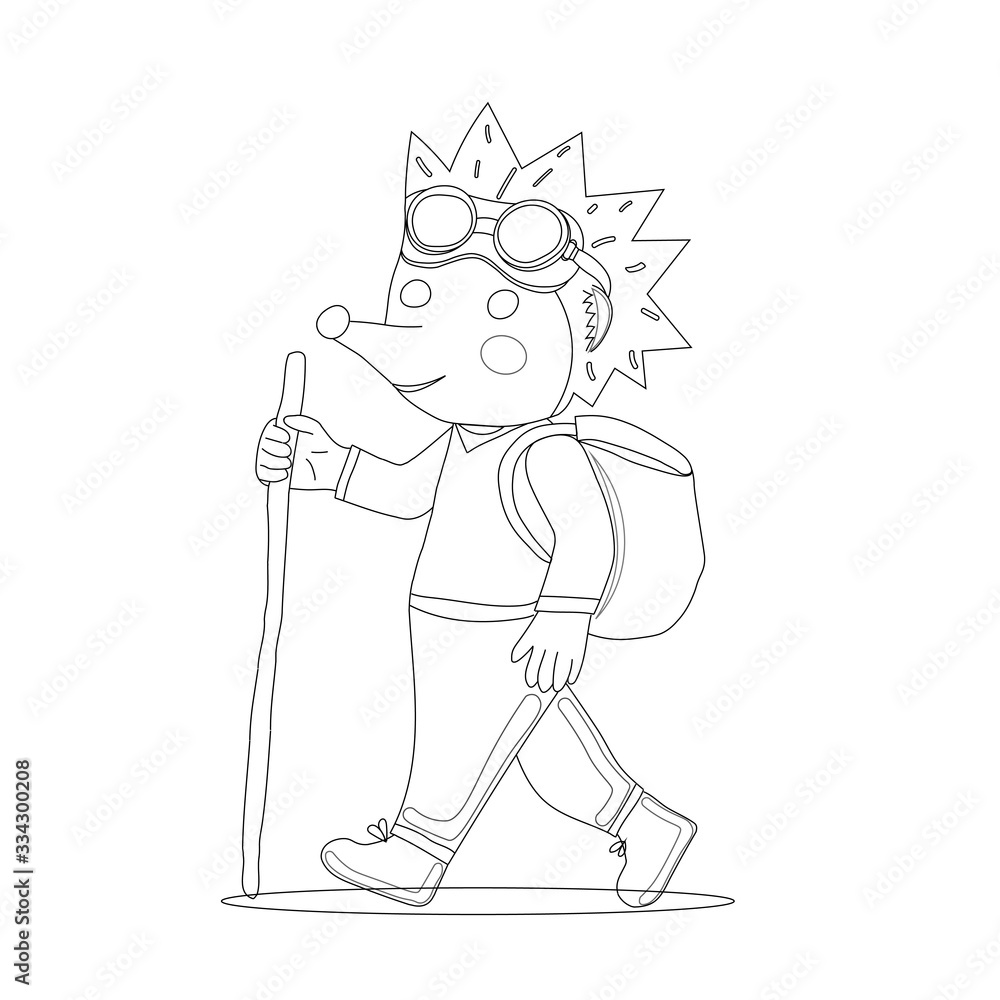 Doodle vector with hedgehog traveler in outline style. Animal illustration. Character hedgehog carries a bag on the straps behind his back. Isolated on white background Doodle vector with hedgehog traveler in outline style. Animal illustration. Character hedgehog carries a bag on the straps behind his back. Isolated on white background