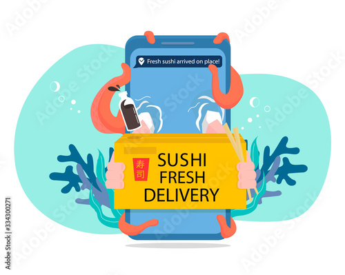 Home delivery from phone. Flat vector cartoon illustration