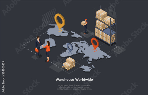 Isometric Warehouse, Maritime And Overland Transport Logistics. Worldwide Delivery And Global Logistics With Staff, Goods, World Map And Tags. Manager And Customer Shake Hands. Vector Illustration