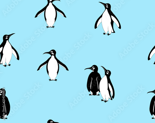 Seamless pattern funny penguins hand drawing with black ink on a light blue background