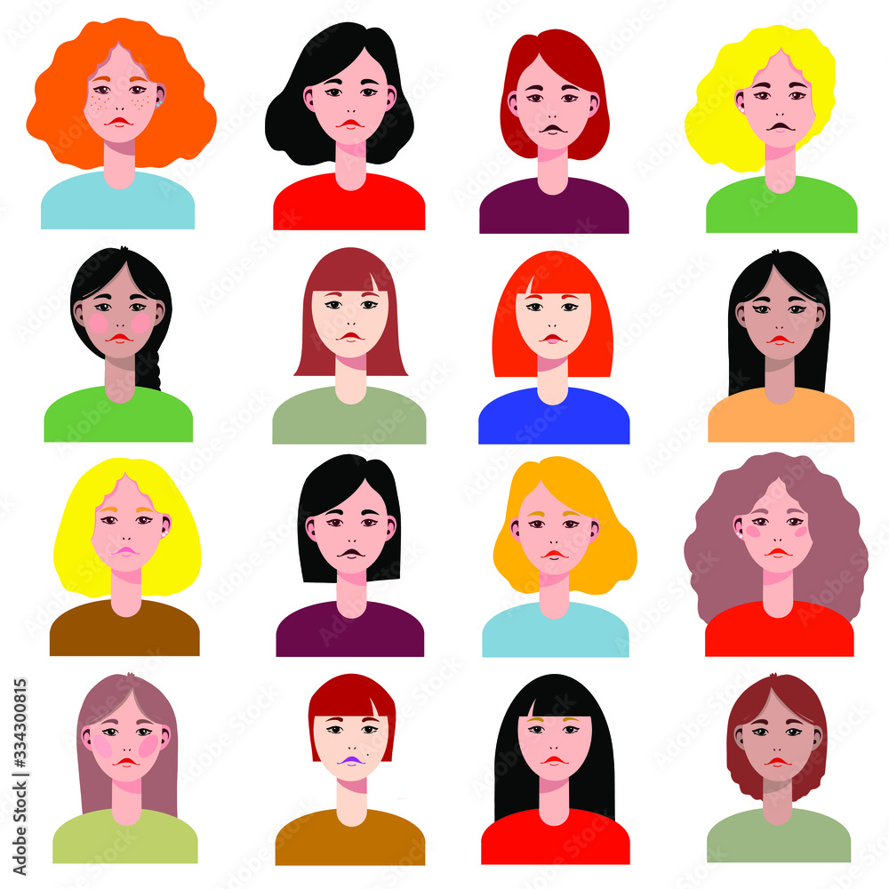 Vector set of different characters faces, avatars. Isolated. Hand drawn illustration. Hair style. Vector set of different characters faces, avatars. Isolated. Hand drawn illustration. Hair style.