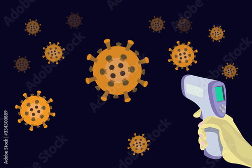 Illustration vector graphic of infrared laser thermometer and corona virus on dark blue background. Flat design, vector illustration EPS10.
