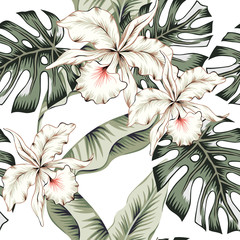 Wandcirkels Orchidee patronen Witte orchideeën met jungle bladeren  © ojardin