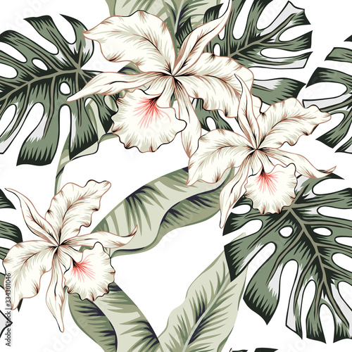 Tropical white orchid flowers, green monstera, banana palm leaves, white background. Vector seamless pattern. Jungle foliage illustration. Exotic plants. Summer beach floral design. Paradise nature