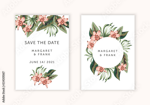 Wedding cards design. Tropical pink orchid flowers, green palm leaves, round frame, white background. Vector illustration. Exotic floral arrangements. Invitation template 