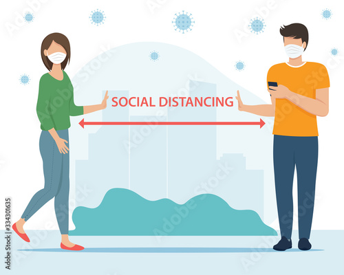 Social distancing concept. People keeping distance for infection risk and disease. Coronavirus outbreak vector concept. Covid-19 virus in air. Flat vector illustration