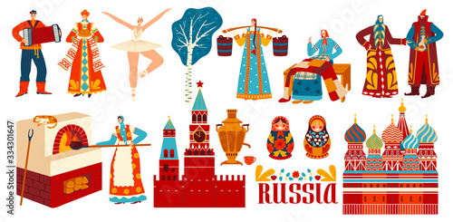 Russian traditions, culture and history, isolated cartoon characters in national costumes, vector illustration. Main symbols of Russia, historical landmarks, slavic people in traditional clothes
