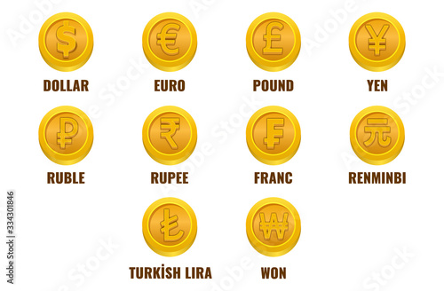 Set of gold coins with 10 currencies signs. Dollar, Euro, Pound, Yen, Ruble, Rupee, Franc, Renminbi, Turkish Lira and Won signs on game style gold money. 