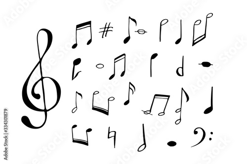 Music notes and signs set. Treble and bass clef. Cartoon flat design. Hand drawn music symbols