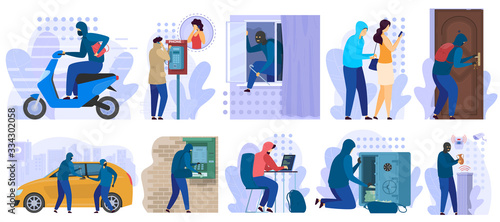 Thief stealing money and car, burglar robber bank, criminal pickpocket people, vector illustration. Man in balaclava escapes with woman purse, information theft security. Cartoon character thief set