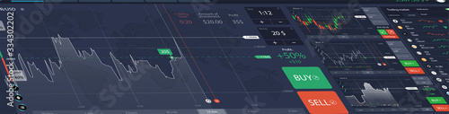 Stock market perspective dashboard, trading platform binary option with cryptocurrency and other investments. Economic trends and stock exchange. Vector illustration forex with UI interface