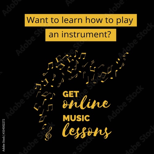 Music online lesson template with hand drawn music note. Vector