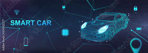 Smart Car, Hologram auto with polygonal elements and and icons with machine vehicle. Wireframe in line low-poly style. AI automobile. Electric machine. Autonomous car vehicle with infographic. Vector