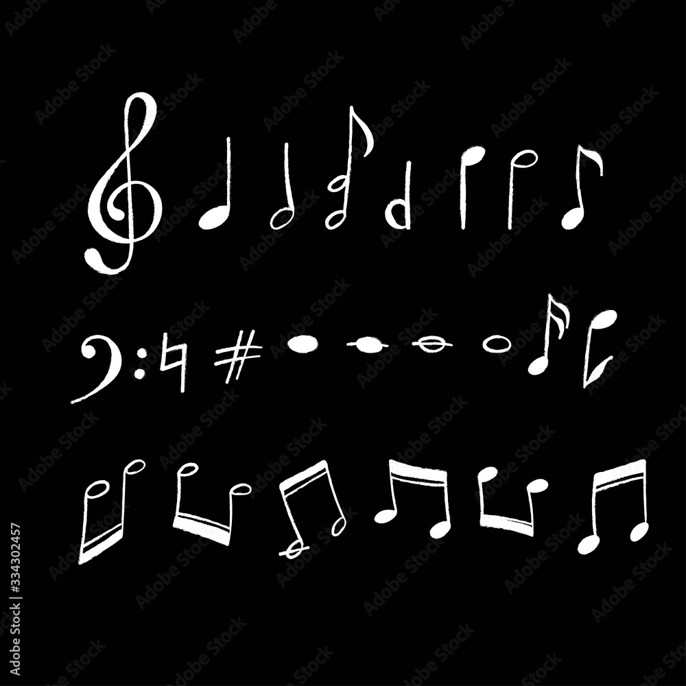 Music note icons hand drawn by brush. Music symbols set. Grungy texture ...