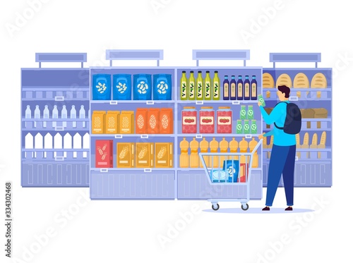 People in grocery store, line at cash desk, supermarket customers, vector illustration. Men and women buying groceries in shop. Customers cartoon characters, scene from grocery store or supermarket