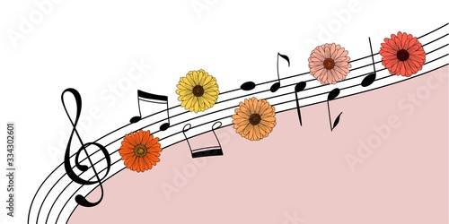Music and flowers invitation background. Creative template with a clef, hand drawn music notes and flowers. Great to place text for an open air concert in a garden or park. Vector