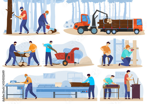 Woodwork processing stages, people cutting trees and produce timber, vector illustration. Wood production industry, men working on factory, carpenter cartoon character. Woodwork lumber manufacturing