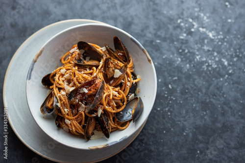 pasta with mussels. seafood pasta.