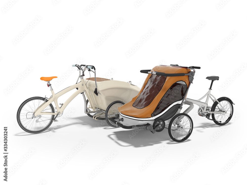 3D rendering two pram bicycle trailer on white background with shadow