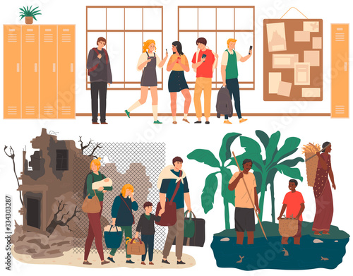 Social inequality, refugees and poor people, family escapes from war destroyed home, vector illustration. Needy people in modern society, unhappy poor teenager in school. Poverty in African country