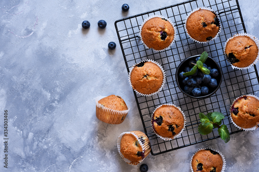 Vanilla muffins with blueberries on a concrete background. View from above.
