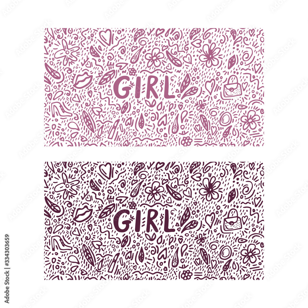 Quote girl made in vector. Illustration female, freehand themed drawing. Doodle picture on the theme girl, woman. Flowers, characters, shoes, bag, lips, mirror, lipstick, hearts. The inscription on t Quote girl made in vector. Illustration female, freehand themed drawing. Doodle picture on the theme girl, woman. Flowers, characters, shoes, bag, lips, mirror, lipstick, hearts. The inscription on t