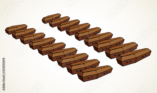 Closed wooden coffins. Vector drawing Mass burial