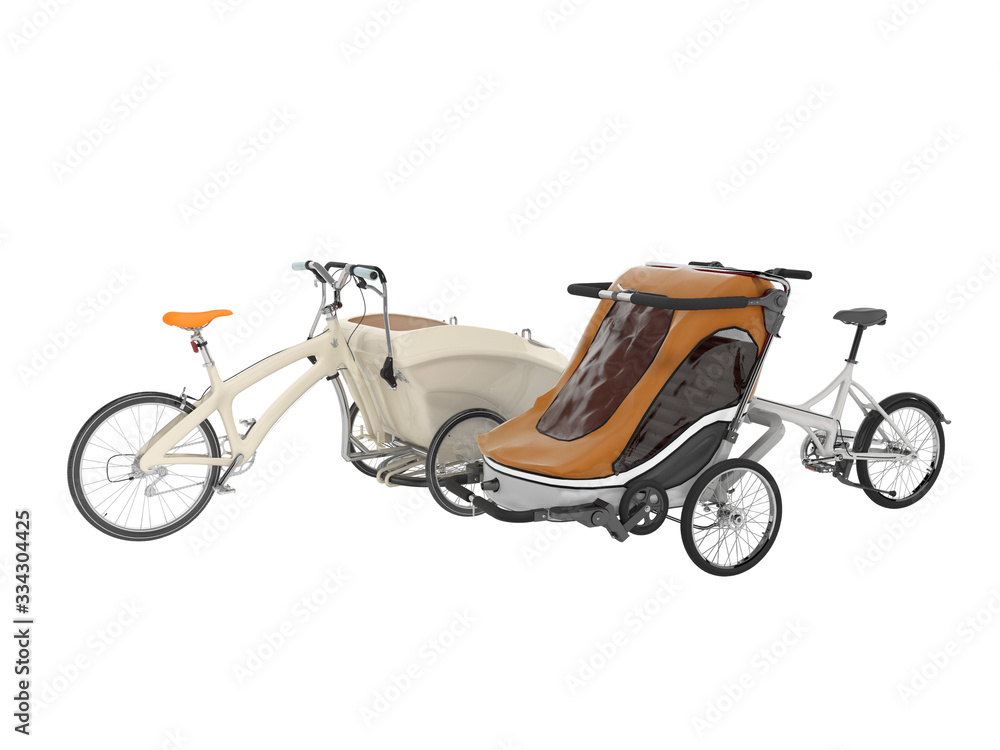 3D rendering two pram bicycle trailer on white background no shadow