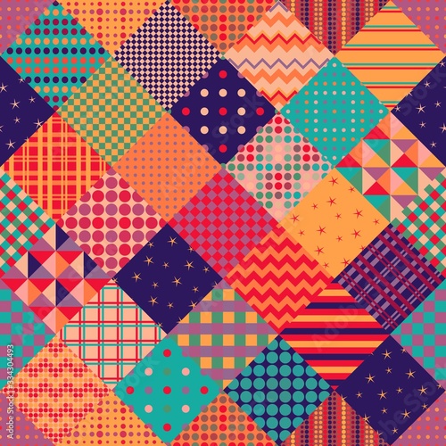 Colorful seamless patchwork pattern. Diagonal square patches with bright geometric ornaments. Festive print for fabric.