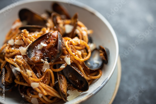 pasta with mussels. seafood pasta. Selective focus