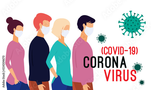Vector illustration of Coronavirus Pandemia. Novel coronavirus  2019-nCoV   people wearing white medical face masks. Concept of coronavirus quarantine