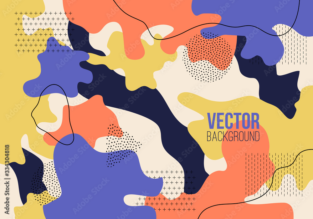 Obraz premium Vector abstract pattern cartoon texture with lines, dots, doodle geometric elements. Trendy pop art background with dynamic and fluid shapes for brochure, cover, template design